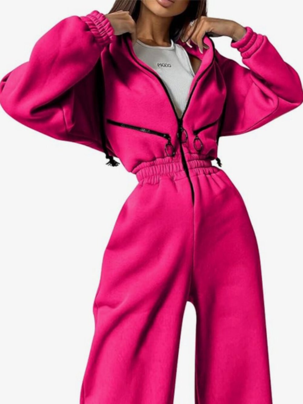 Womens One-Piece Fleece Jumpsuit - Hot Pink with Hood